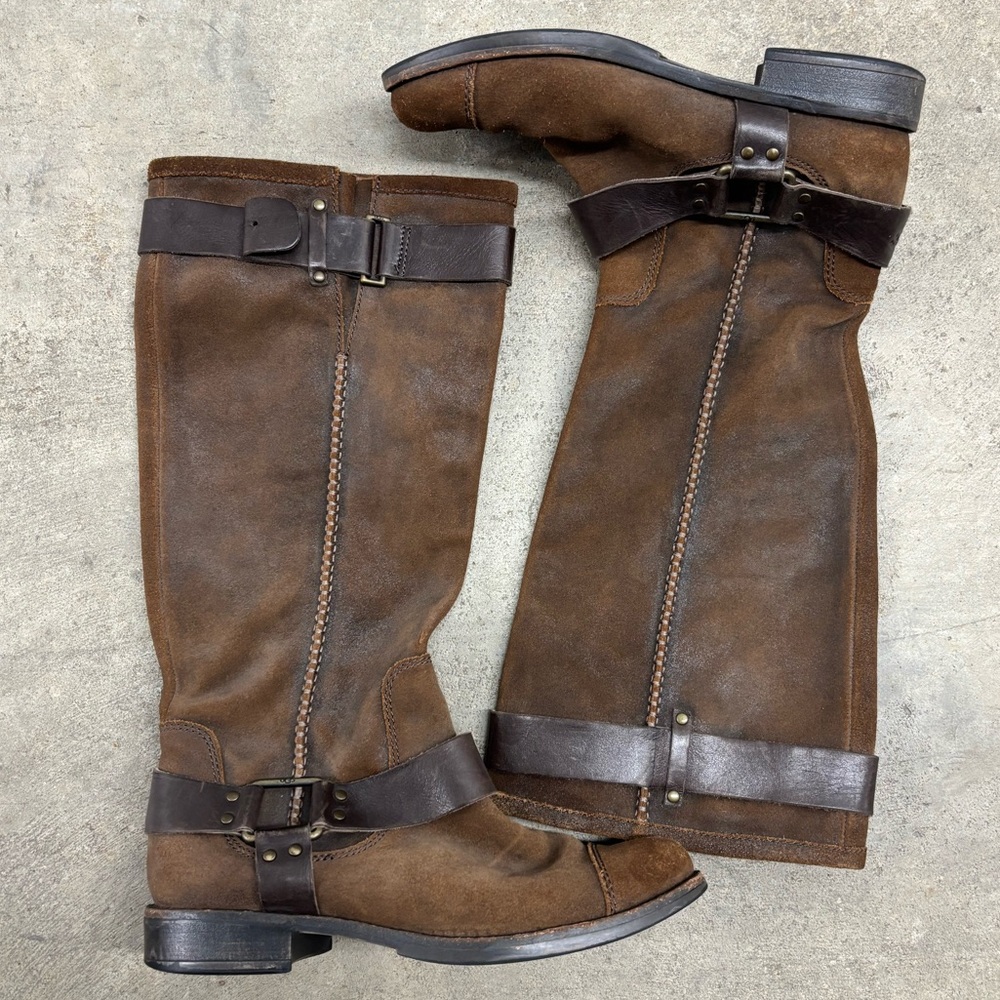 UGG Dree Knee High Harness Pull On Riding Boots 8.5 Dark Brown Suede Leather